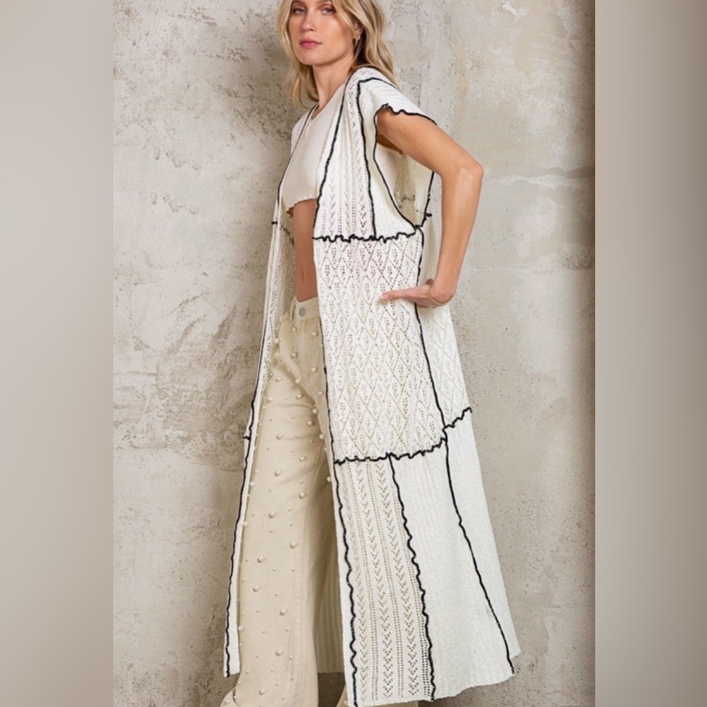 POL White + Black Crochet Duster | Sleeveless Boho Knit Cardigan - Picture 4 of 8